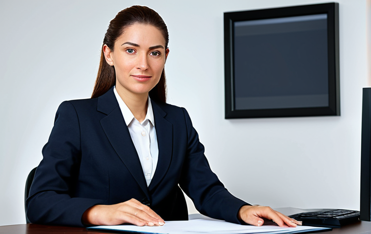 A professional businesswoman in a modest business suit, sitting at a desk in a modern office, fully clothed, appropriate attire, safe for work, perfect anatomy, natural proportions, professional photography, high quality.
