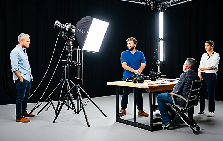 Collaborative Film Set**

"Diverse film crew collaborating on set, discussing scene, professional lighting, camera equipment visible, fully clothed in appropriate attire, safe for work, perfect anatomy, natural proportions, professional, family-friendly."

**