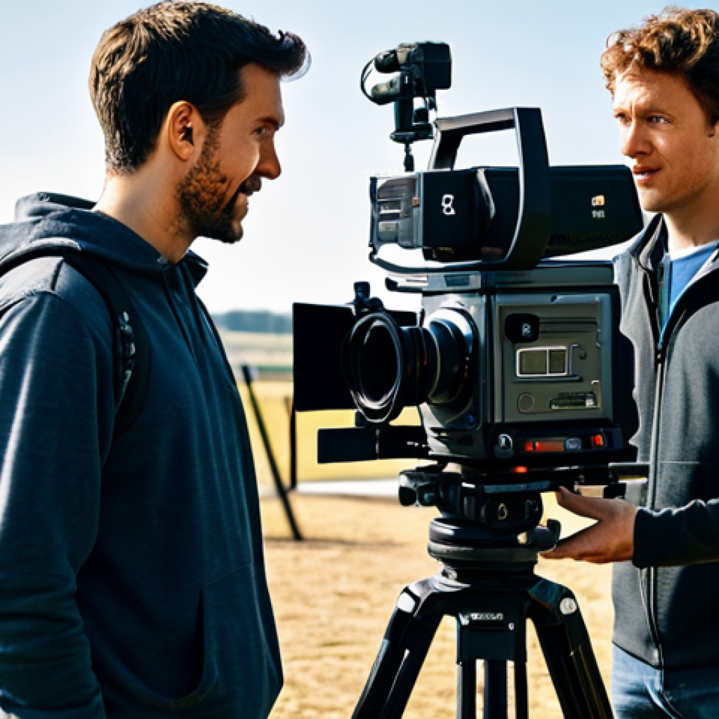 영화 제작사의 성장 전략 - A young, fully clothed film director on location, directing a diverse cast and crew. Natural lightin...