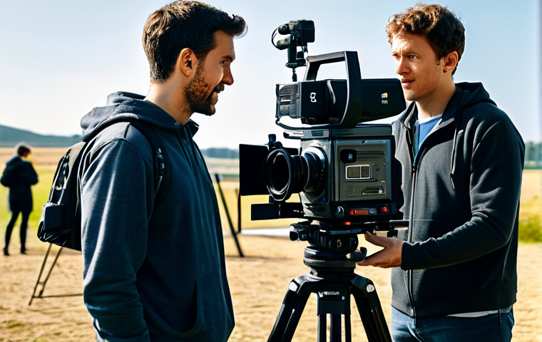 영화 제작사의 성장 전략 - A young, fully clothed film director on location, directing a diverse cast and crew. Natural lightin...