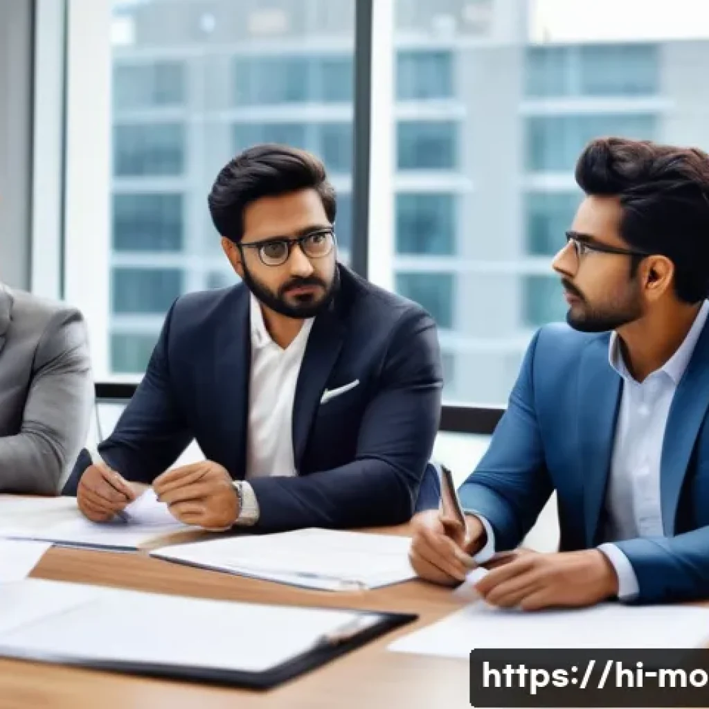 영화 제작 계약서 작성 요령 - A professional film production meeting scene set in a bright, modern conference room with large wind...