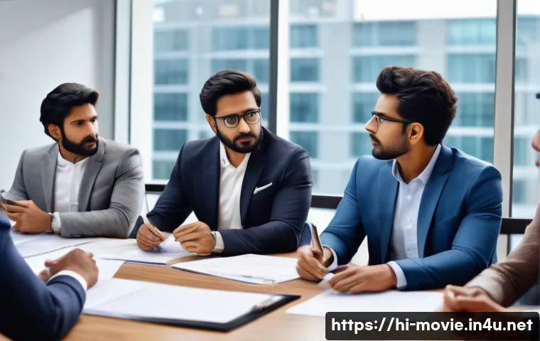 영화 제작 계약서 작성 요령 - A professional film production meeting scene set in a bright, modern conference room with large wind...