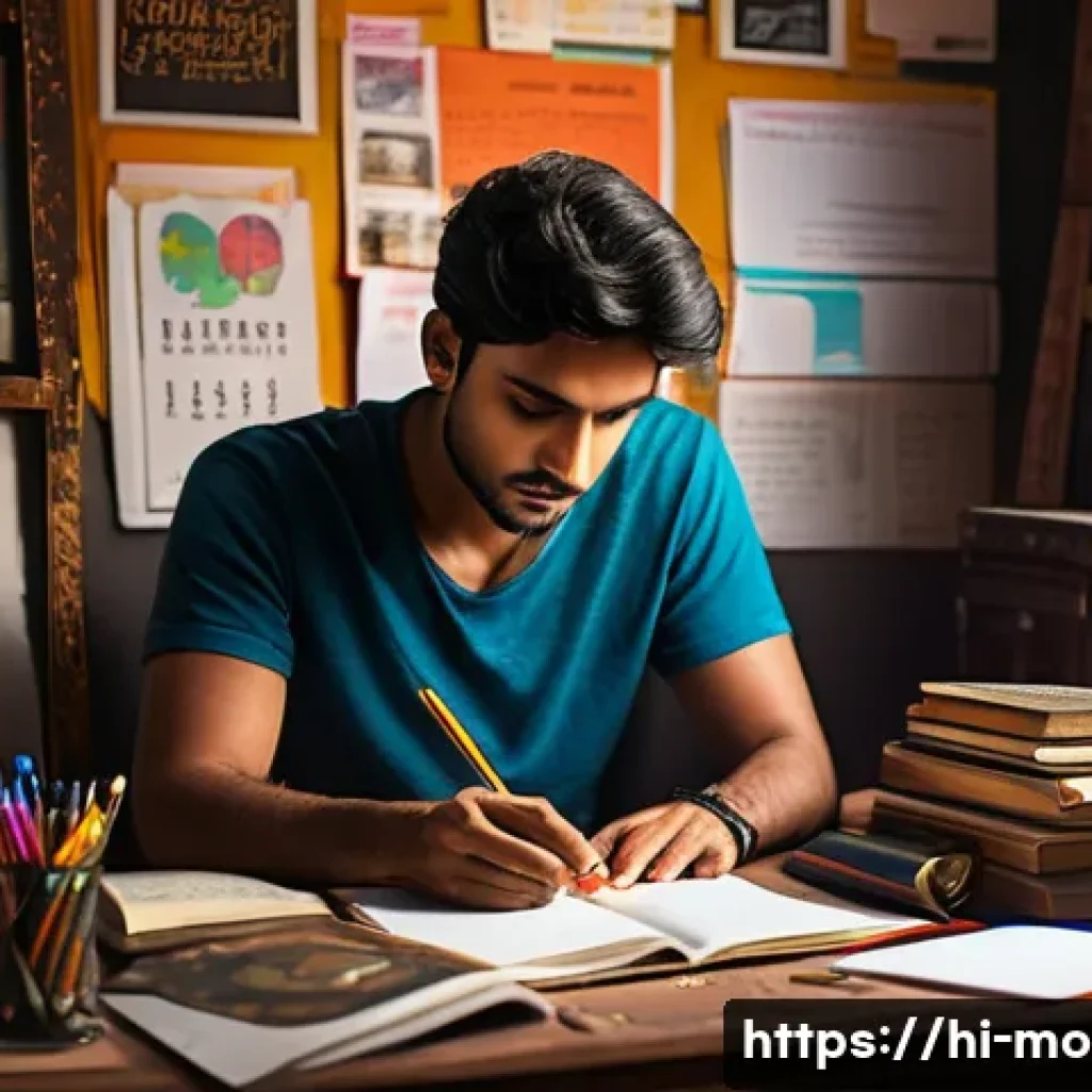 영화 제작 과정의 단계별 설명 - A creative film writer’s cozy workspace bathed in warm light, featuring a cluttered desk with scatte...