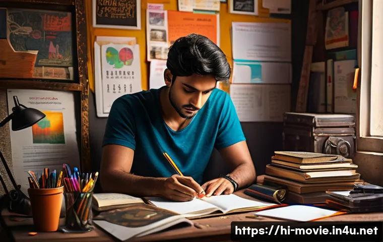 영화 제작 과정의 단계별 설명 - A creative film writer’s cozy workspace bathed in warm light, featuring a cluttered desk with scatte...