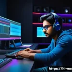 영화 제작사 자격증 종류 및 활용법 - A professional film editing studio environment showcasing a young Indian man focused intently on a l...