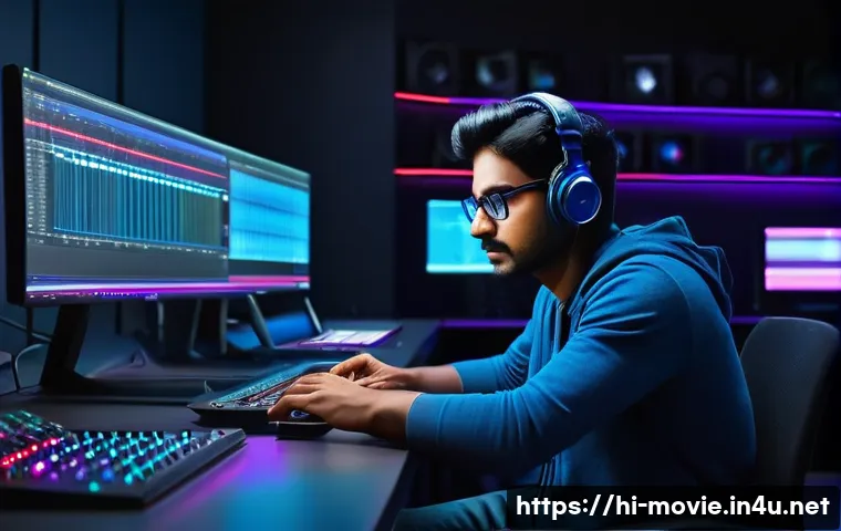 영화 제작사 자격증 종류 및 활용법 - A professional film editing studio environment showcasing a young Indian man focused intently on a l...