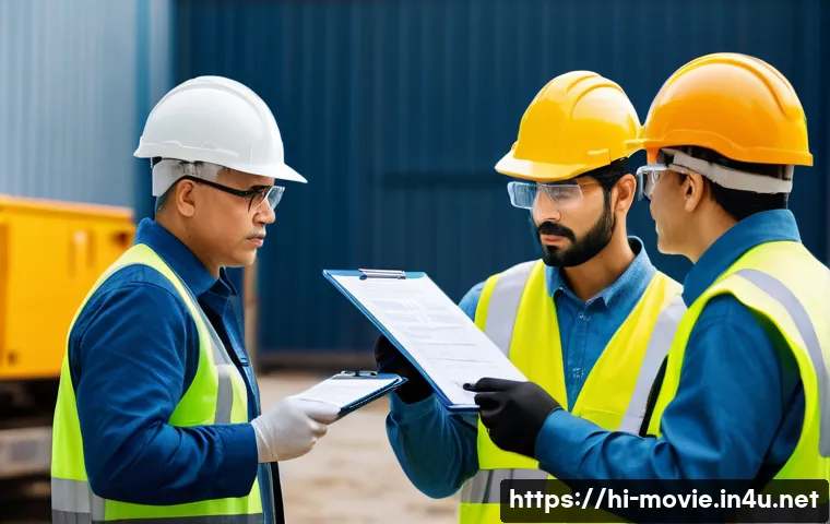 촬영 현장의 안전 체크리스트 - A busy film set scene showing diverse crew members actively engaged in risk management practices: te...
