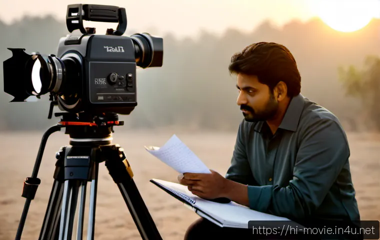 촬영감독의 업무일기 - Photorealistic Indian cinematographer at sunrise on a quiet film set, reviewing handwritten shot not...