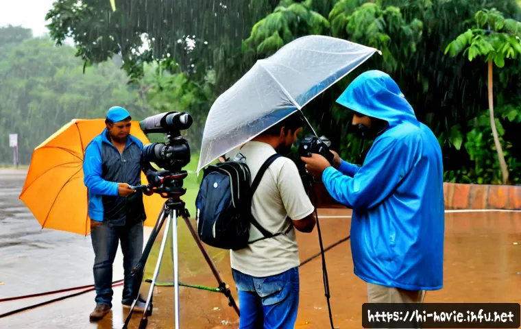 촬영 현장의 날씨 대처 팁 - Photorealistic Indian film crew preparing for sudden rain on an outdoor location, camera operator sh...