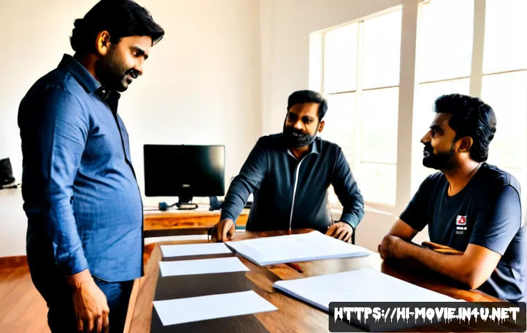 Home 17 영화 프로듀서 일상 - Photorealistic Indian film producer reviewing a shooting schedule with a director and cinematographe...