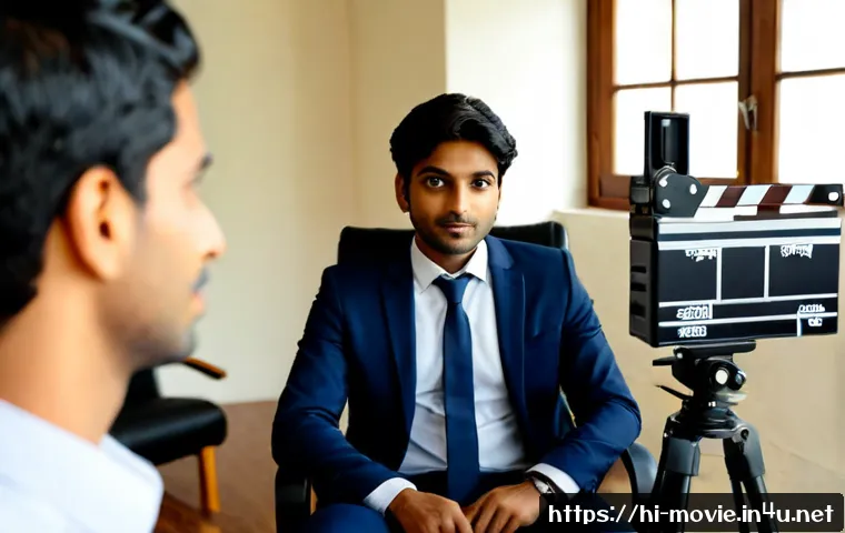 Home 17 영화 제작사 취업 면접 질문 - Photorealistic film production company job interview, confident young Indian candidate in smart busi...