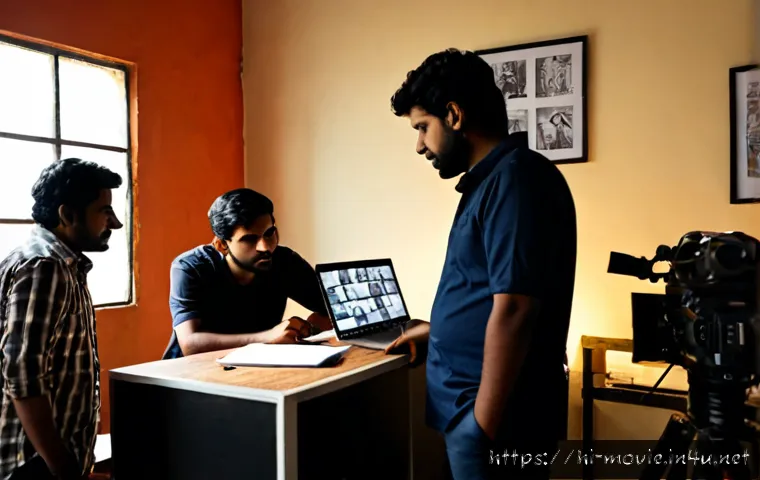 독립영화 제작사의 도전과 기회 - Photorealistic independent film production team in Mumbai, India, collaborating around a modest edit...